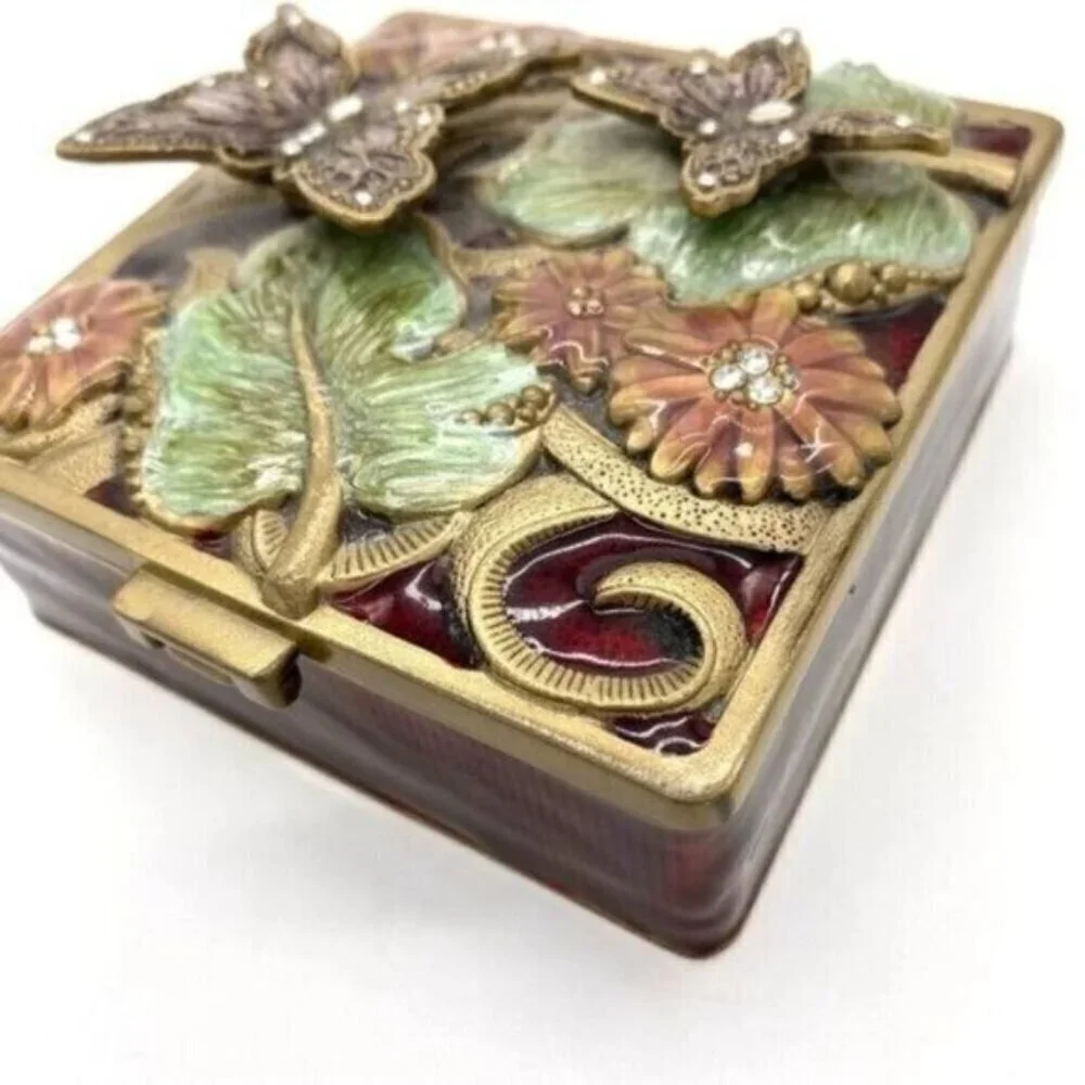 Vintage Floral Butterfly Enamel Rhinestone Jewelled Trinket Box
